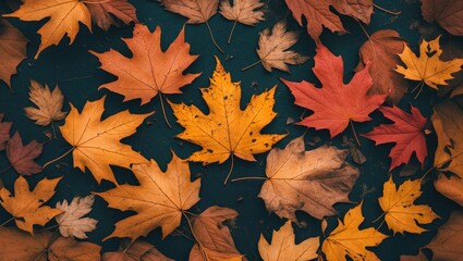 Poster - colorful autumn leaves arranged on a dark surface displaying shades of yellow, orange, red, and brow
