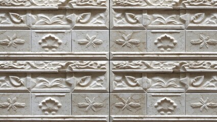 Poster - textured marble wall tiles with floral relief patterns arranged in a symmetrical grid design suitable for interior decor background