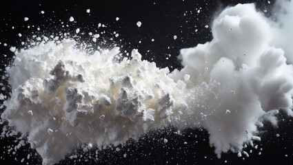 Poster - High-resolution abstract image of white powder explosion against a black background creating dynamic cloud shapes and textures