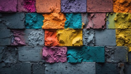 Poster - Colorful textured wall with unevenly applied paint in various shades including purple, orange, yellow, and teal creating a vibrant abstract background.