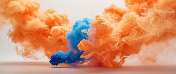 Poster - Colorful smoke clouds in orange and blue shades swirling on a light background creating an abstract artistic pattern