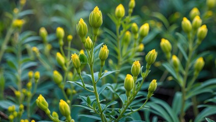 Poster - yellow flower buds on green stems in a natural garden setting with soft focus background