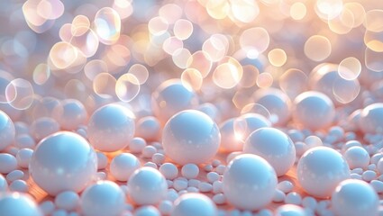 Poster - Abstract background with soft focus bokeh and clusters of glossy white spheres of varying sizes on a smooth surface