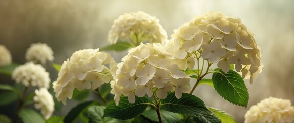 Poster - White hydrangea flowers in soft sunlight with blurred green background botanical scene