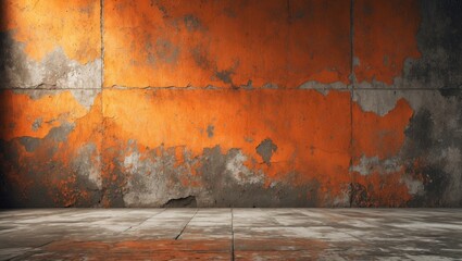 Poster - Grungy concrete interior wall with orange and gray peeling paint texture and cracked floor in industrial style environment