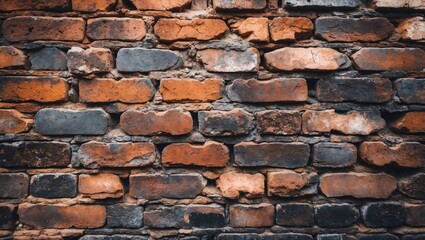Poster - Textured surface of a weathered brick wall with a mix of red and black tones, highlighting the variations in brick colors and shapes.