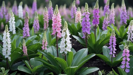 Wall Mural - Colorful foxglove flowers in bloom surrounded by green foliage in a garden setting during daylight.