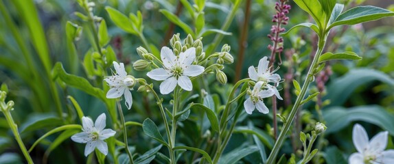 Poster - white flowers with green leaves in a natural garden setting blooming in daylight close up with blurred background