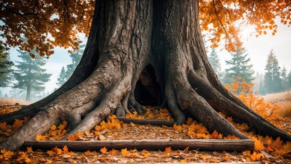 Poster - Large old tree trunk with hollow entry surrounded by autumn leaves and colorful foliage in a serene forest setting