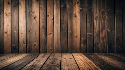 Poster - Wooden wall and floor interior background with natural texture in warm brown tones suitable for photography and design projects