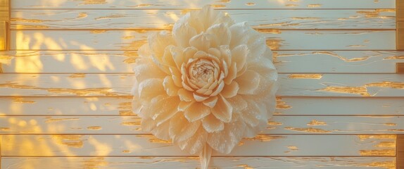 Poster - Decorative beige flower on a weathered wooden background with soft natural lighting