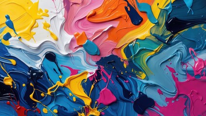 Poster - Colorful abstract acrylic paint texture with swirling patterns and dynamic splashes in various shades of blue pink yellow and orange