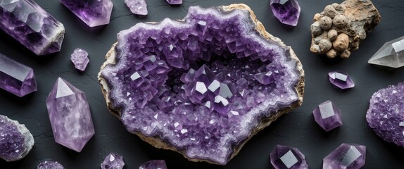 Poster - Amethyst crystals arranged on a dark surface with a focus on a large geode and various polished stones