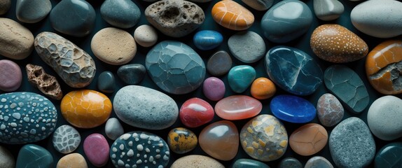 Poster - Colorful smooth stones and pebbles with various textures and patterns arranged on a dark surface