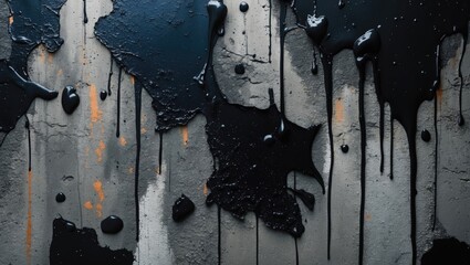 Poster - Black paint dripping on a textured concrete wall with orange rust streaks creating an abstract background pattern.