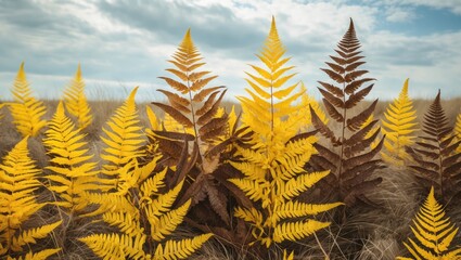 Poster - Bright yellow and brown fern leaves against a cloudy sky in a natural landscape setting during autumn season.