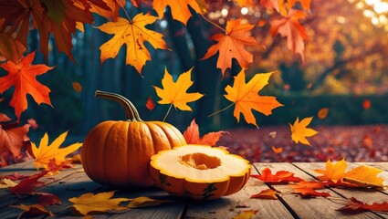 Poster - Pumpkin on wooden table surrounded by autumn leaves in vibrant fall colors with blurred background of forest scenery