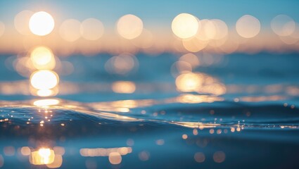Poster - Abstract bokeh effect of sunlight reflecting on water surface with soft ripples during sunset or sunrise in shallow depth of field