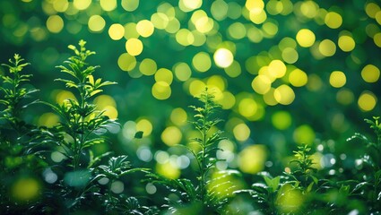 Poster - Green plants with blurred yellow bokeh lights in the background creating a nature abstract scene.