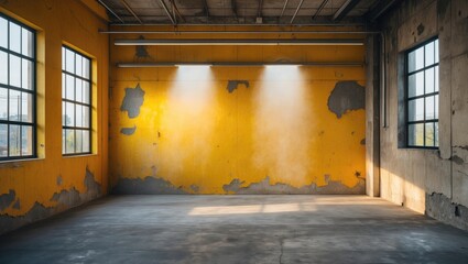 Poster - Industrial empty interior space with bright yellow wall and large windows allowing natural light through.