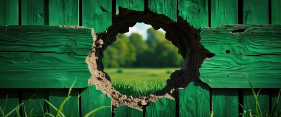 Poster - Green wooden fence with a large hole revealing a lush field and trees in the background during daylight.