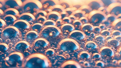 Poster - close-up of water droplets on a surface with reflections and highlights in a gradient of blue and wa