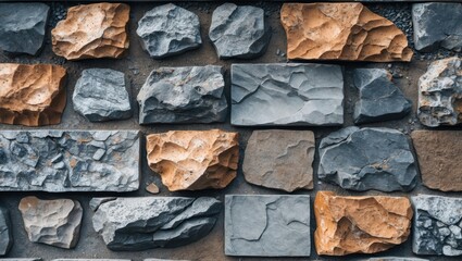 Poster - Textured stone wall featuring a mix of gray and orange rocks arranged in a natural pattern suitable for construction or design backgrounds