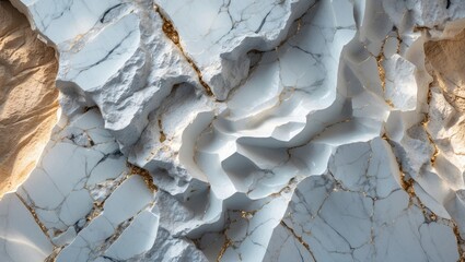 Poster - abstract close-up image of textured marble stone surface with blue and white hues and subtle golden 