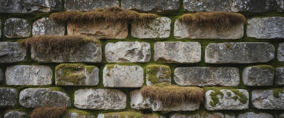 Poster - Textured brick wall with green moss and brown mossy growth on stone surface. Grunge detail in architecture and nature.