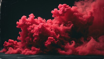 Poster - Red smoke explosion on a black background creating dramatic atmosphere with swirling patterns and textures in the air