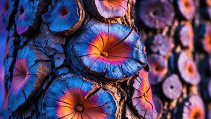 Poster - Colorful cross-section of tree trunk displaying vivid blue and orange hues with textured bark in natural setting.