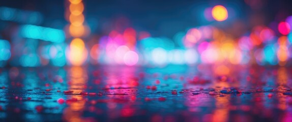 Poster - Abstract bokeh lights reflecting on wet pavement at night with various vibrant colors in a city environment