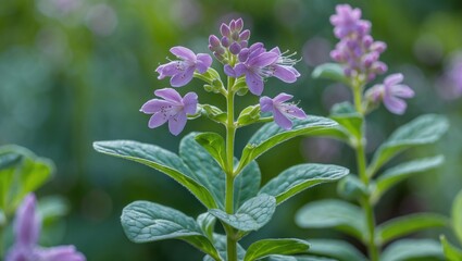 Poster - Purple flowering plant with green leaves in a natural setting blurred background. Close-up of delicate flowers and foliage.