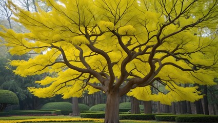 Poster - Vibrant yellow foliage tree in a serene park setting with manicured greenery and soft atmospheric light.