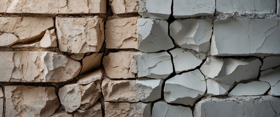 Poster - Textured surface of cracked and peeling paint on old brick wall in two contrasting colors brown and gray