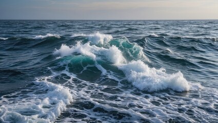 Poster - Ocean waves with dynamic white foam and turquoise hues under a clear sky and soft sunlight during the day.