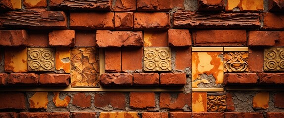 Poster - Textured wall of red bricks with varied ceramic tiles and decorative reliefs showcasing intricate patterns and weathered surfaces.