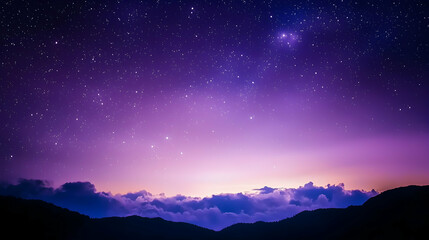 Wall Mural - Purple Night Sky with Stars and Mountain Silhouette in Horizon Landscape