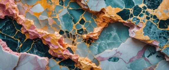 Poster - Abstract close-up of multicolored natural stone pattern featuring pink green and gold mineral formations with intricate textures and veins