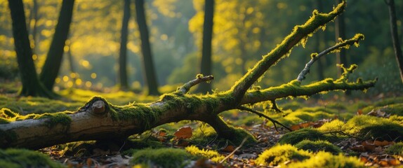 Poster - Moss-covered log on forest floor with dappled sunlight filtering through trees in a serene woodland setting