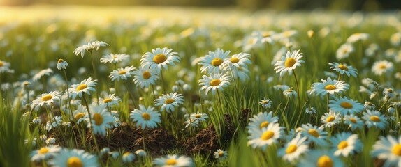 Poster - Daisies blooming in a lush green field under soft sunlight with blurred background creating a tranquil natural setting