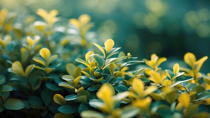 Poster - Close-up of vibrant green and yellow leaves on bush with soft bokeh background in natural sunlight