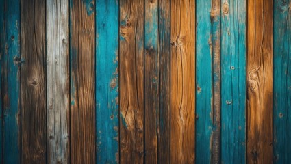Poster - Colorful wooden planks with varying shades of brown and blue creating a textured background for design and display purposes