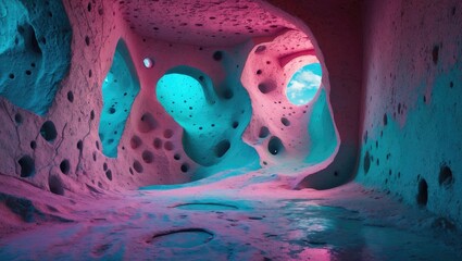 Poster - Colorful abstract cave interior with smooth surfaces and numerous openings illuminated by blue and pink lighting effects