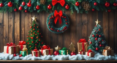 Poster - Christmas decor featuring two decorated trees, a wreath, and wrapped gifts on a wooden background with festive ornaments