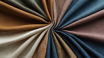 Poster - Colorful assortment of fabric swatches arranged in a circular pattern showcasing various textures and hues from neutral to deep tones