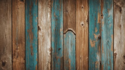 Poster - Textured wooden wall with a mix of brown and turquoise planks in a rustic style for background or surface design