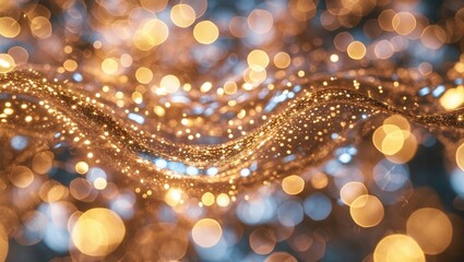Poster - Abstract image of shimmering golden and blue bokeh lights creating a wave-like pattern with a soft focus background.