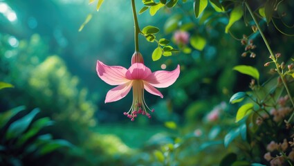 Poster - Pink tropical flower hanging from a vine surrounded by lush greenery in soft natural light with a blurred background