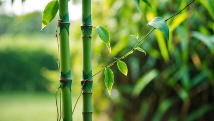 Poster - Green bamboo stalks with leaves and twining tendrils in a natural outdoor setting with soft blurred background.
